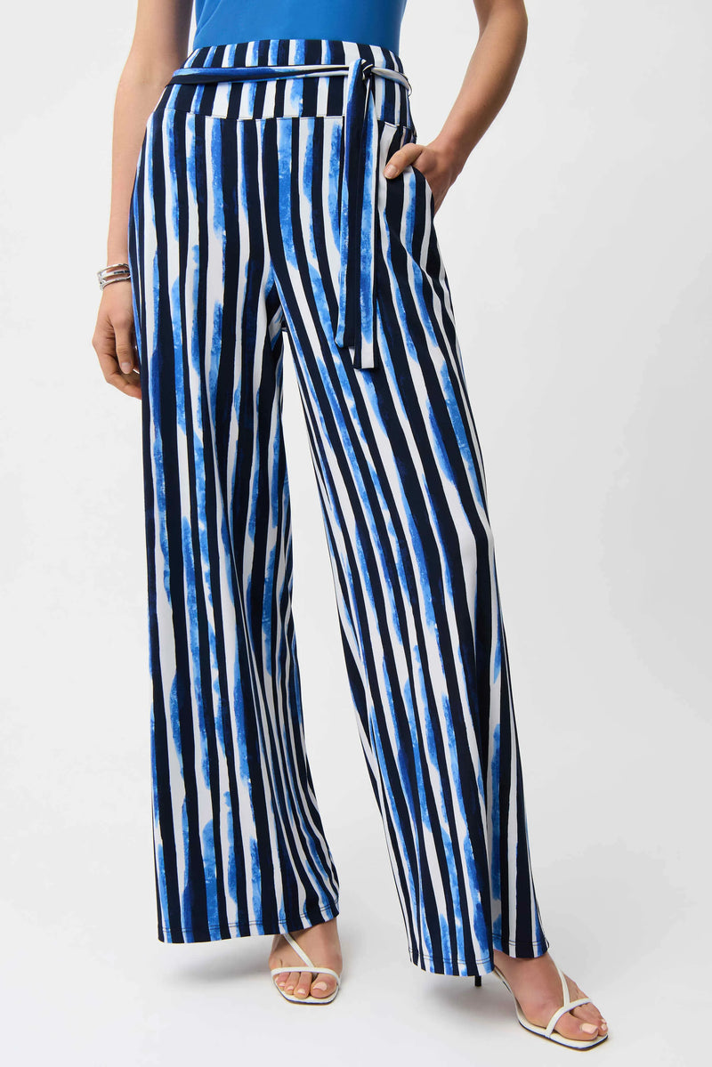 Joseph Ribkoff Silky Knit Stripe Print Wide Leg Pull-On Pants 261292 Blue/Vanilla