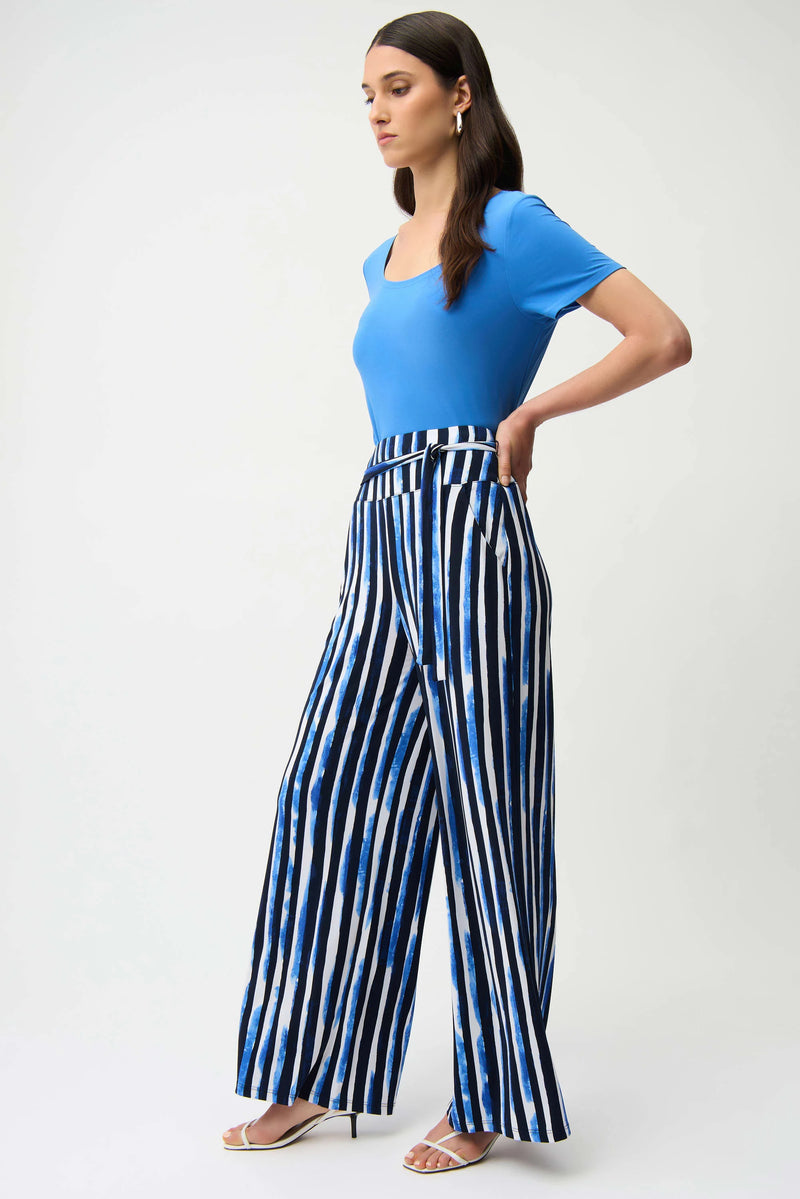 Joseph Ribkoff Silky Knit Stripe Print Wide Leg Pull-On Pants 261292 Blue/Vanilla