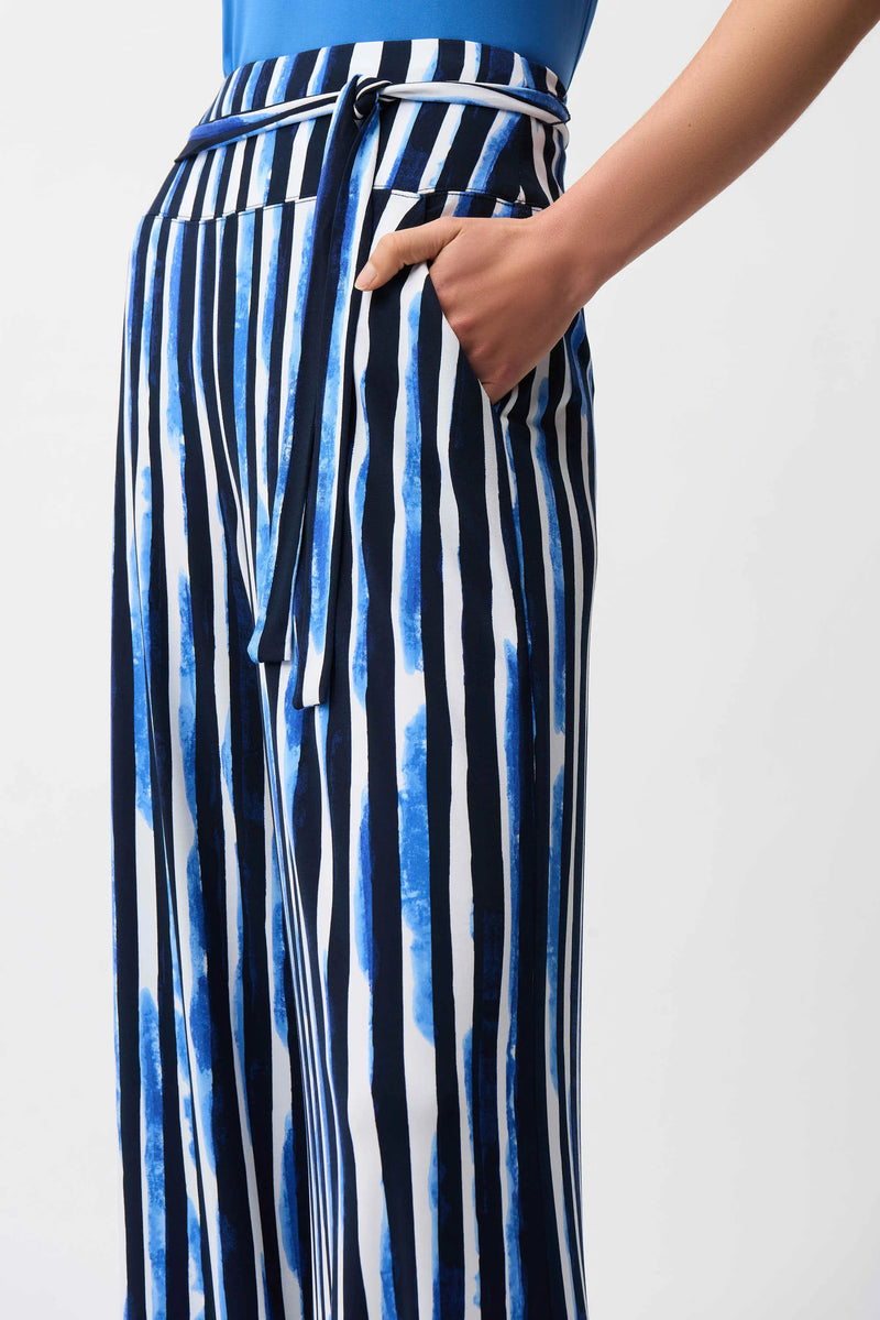 Joseph Ribkoff Silky Knit Stripe Print Wide Leg Pull-On Pants 261292 Blue/Vanilla