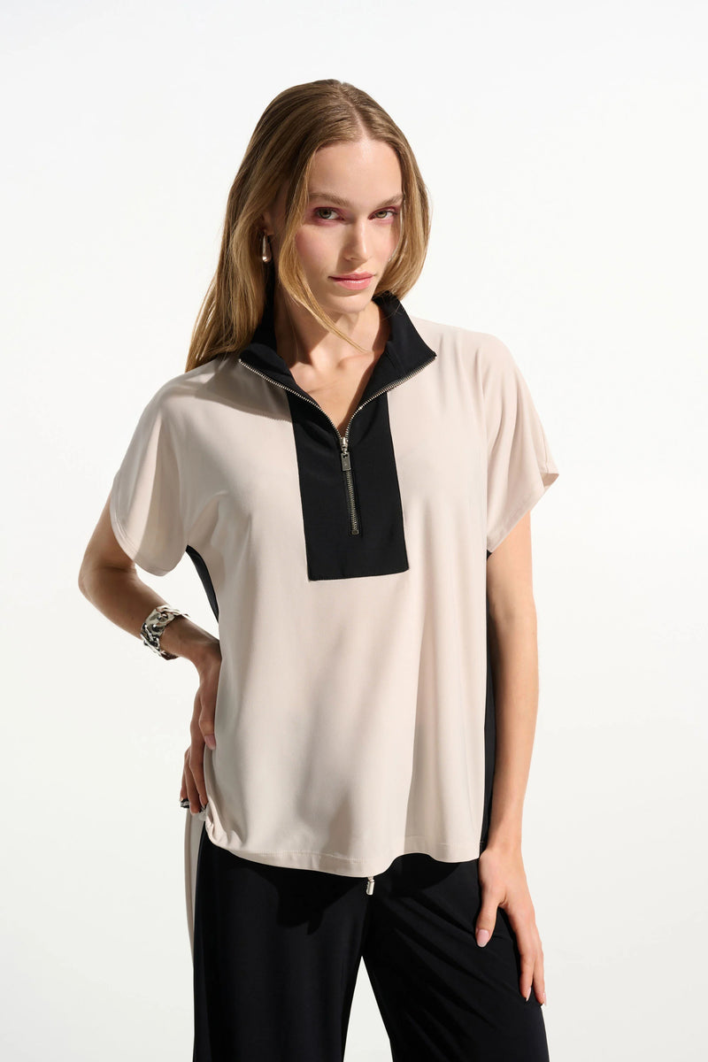 Joseph Ribkoff Silky Knit Color Block Straight Top with Zipped Collar 261611 Moonstone/Black