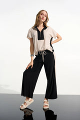 Joseph Ribkoff Silky Knit Color Block Straight Top with Zipped Collar 261611 Moonstone/Black