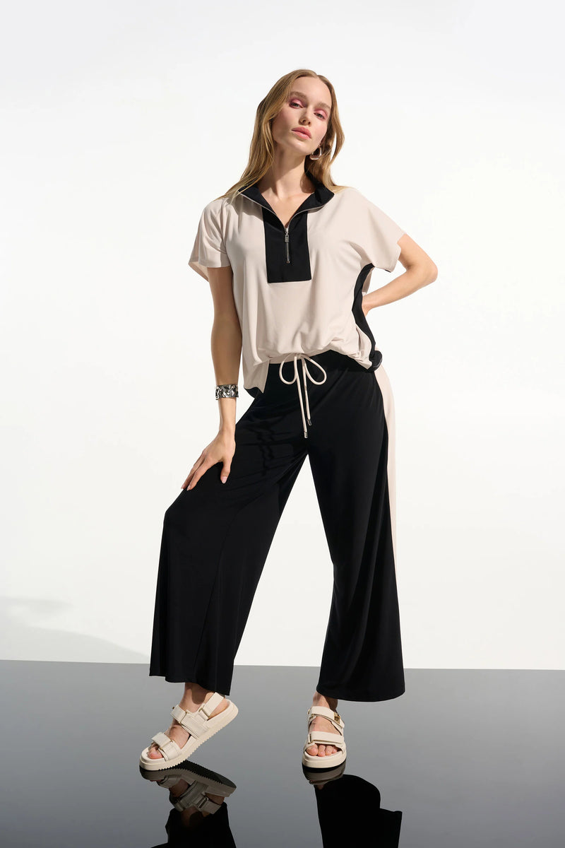 Joseph Ribkoff Silky Knit Color Block Straight Top with Zipped Collar 261611 Moonstone/Black
