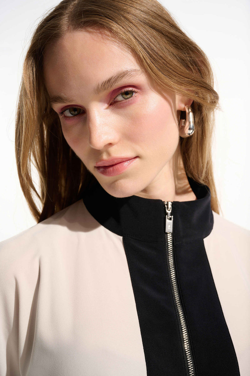 Joseph Ribkoff Silky Knit Color Block Straight Top with Zipped Collar 261611 Moonstone/Black