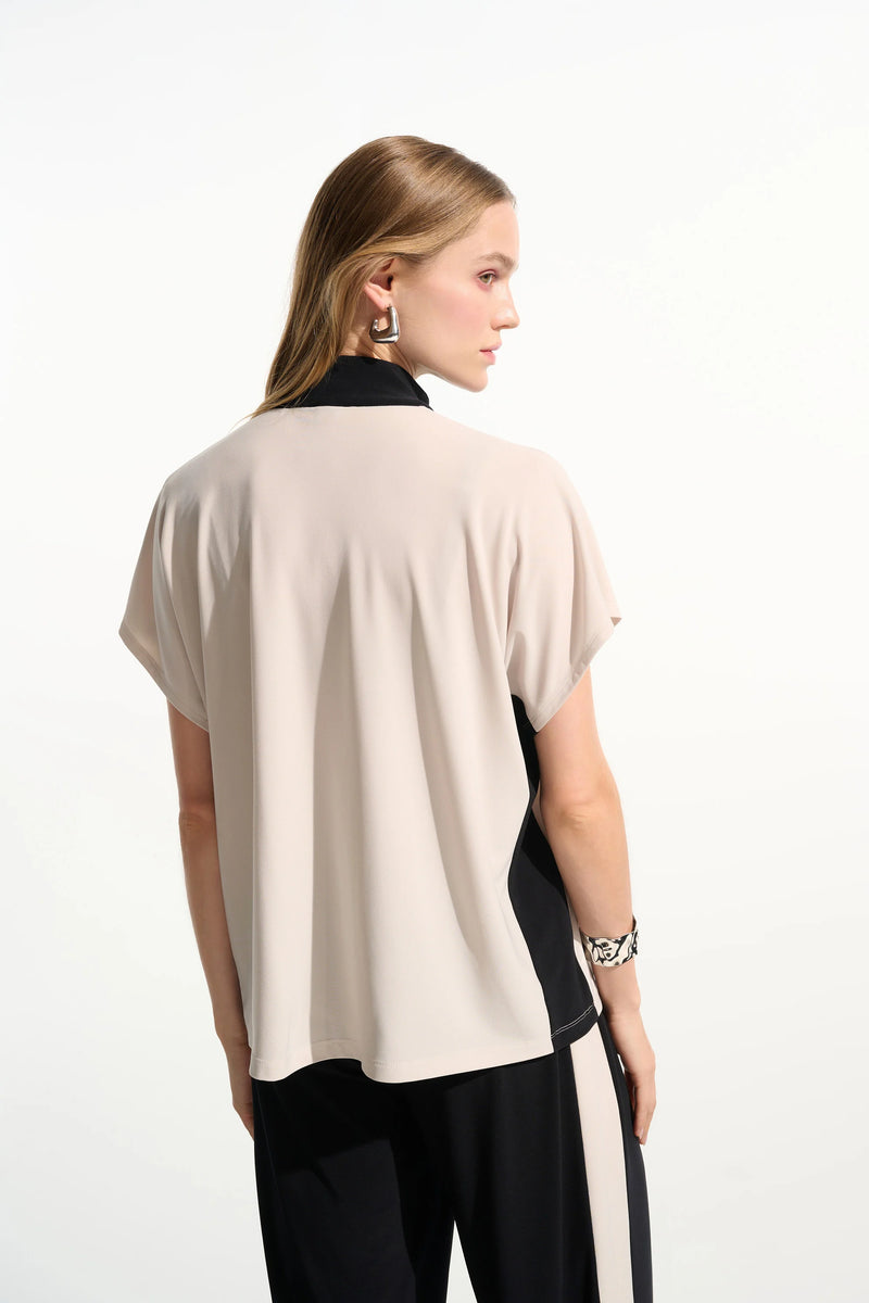 Joseph Ribkoff Silky Knit Color Block Straight Top with Zipped Collar 261611 Moonstone/Black