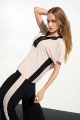 Joseph Ribkoff Silky Knit Color Block Straight Top with Zipped Collar 261611 Moonstone/Black