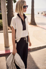 Joseph Ribkoff Silky Knit Color Block Straight Top with Zipped Collar 261611 Moonstone/Black