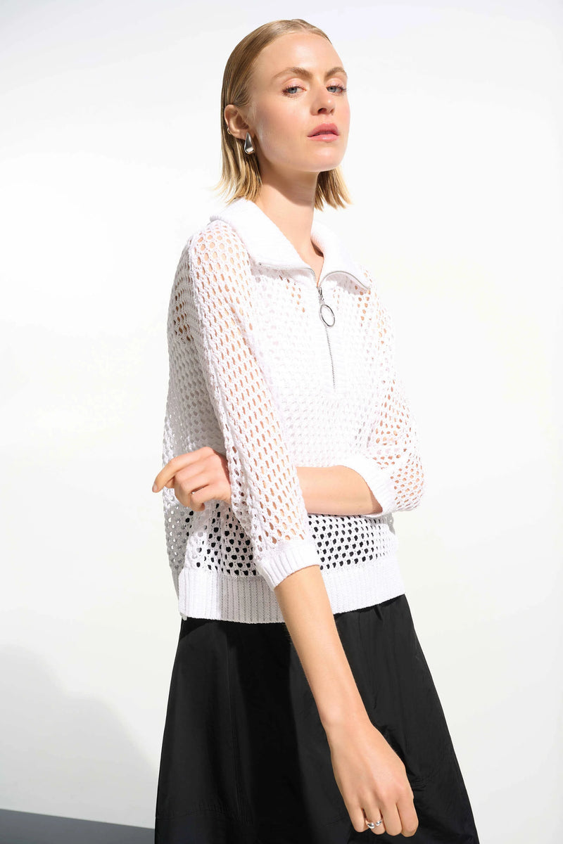 Joseph Ribkoff Vicscose Blend Boxy Sweater Knit with Zipped Neckline 261634 Vanilla