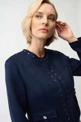 Joseph Ribkoff Scuba Suede Straight 4-Pocket Jacket with Military Button 261909 Midnight Blue