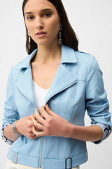 Joseph Ribkoff Foiled Faux Suede Fitted Jacket with Decorative Buckles 261910 Sky Blue