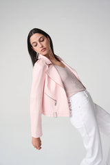 Joseph Ribkoff Foiled Faux Suede Fitted Jacket with Decorative Buckles 261910 Petal Pink