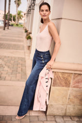 Joseph Ribkoff Foiled Faux Suede Fitted Jacket with Decorative Buckles 261910 Petal Pink