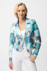 Joseph Ribkoff Jacket Foiled Faux Suede Geometric Print Fitted Jacket 261911 Green/Multi