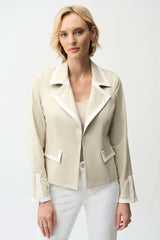 Joseph Ribkoff Foiled Faux Suede Fitted Jacket with Contrast Binding  261912 Moonstone/Vanilla