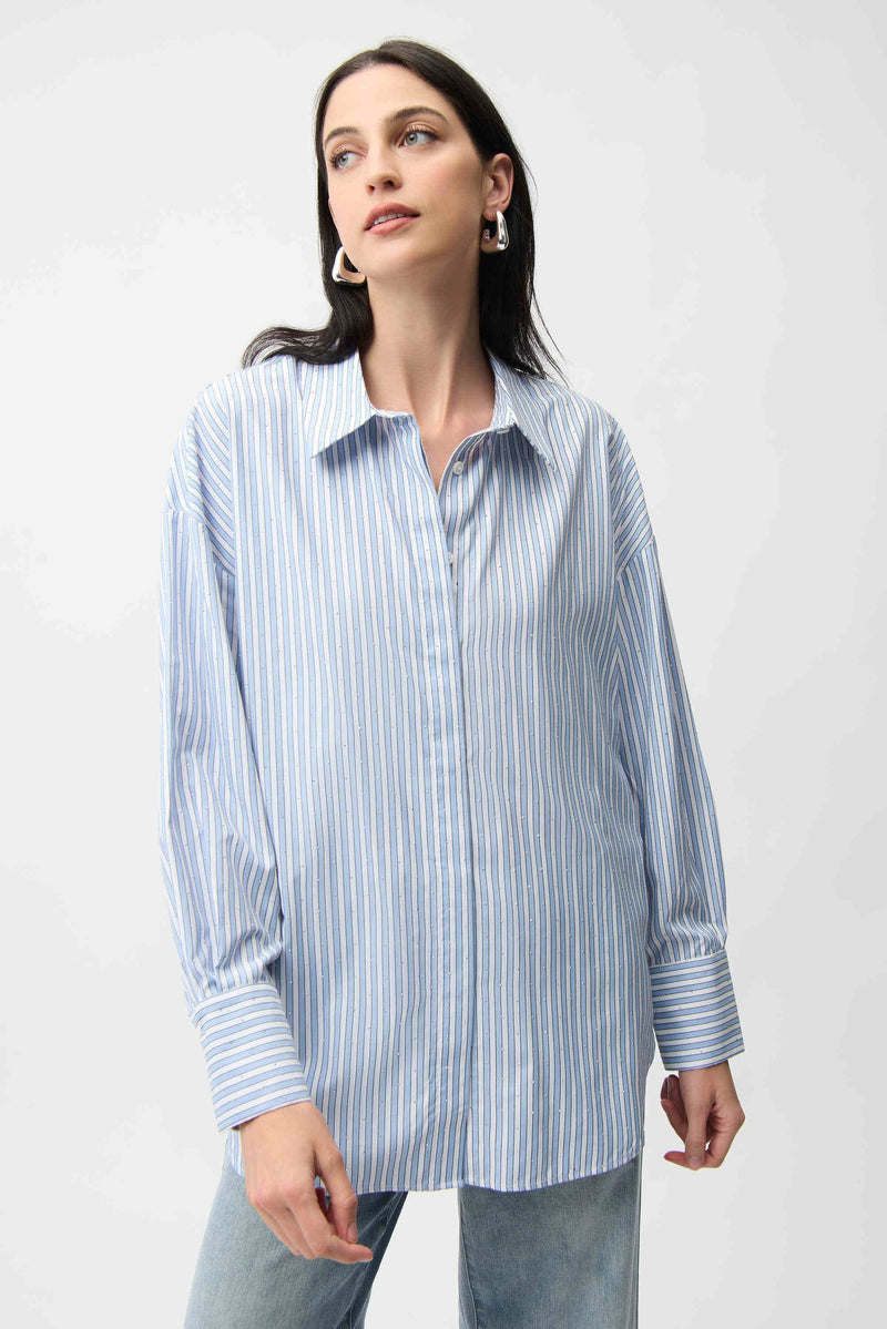 Joseph Ribkoff Tencel Stripe Print Boxy Blouse 261931 Blue/Vanilla