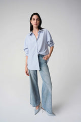 Joseph Ribkoff Tencel Stripe Print Boxy Blouse 261931 Blue/Vanilla