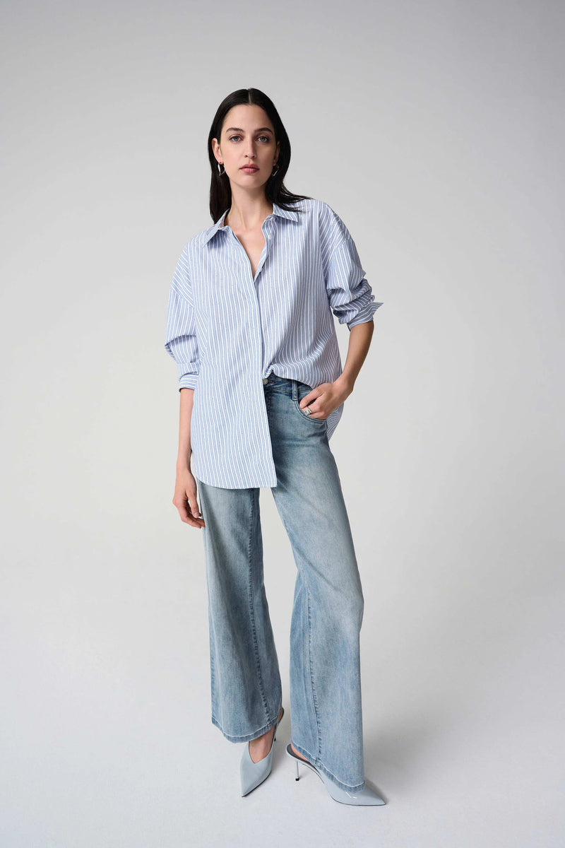 Joseph Ribkoff Tencel Stripe Print Boxy Blouse 261931 Blue/Vanilla