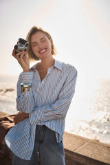 Joseph Ribkoff Tencel Stripe Print Boxy Blouse 261931 Blue/Vanilla