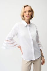 Joseph Ribkoff Stretch Poplin Straight Blouse with Organza Bell Sleeves 261933 White