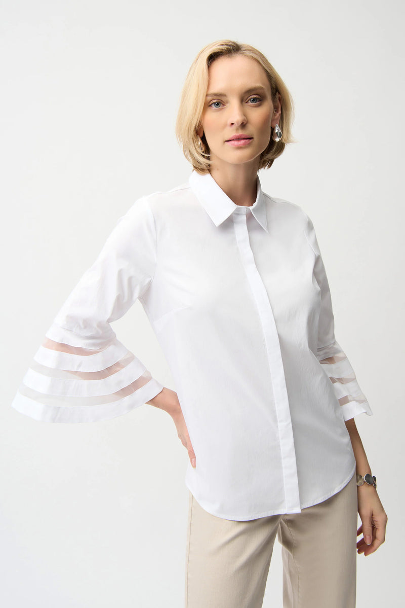 Joseph Ribkoff Stretch Poplin Straight Blouse with Organza Bell Sleeves 261933 White