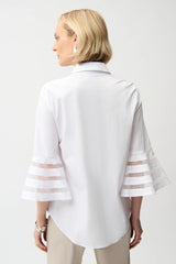 Joseph Ribkoff Stretch Poplin Straight Blouse with Organza Bell Sleeves 261933 White