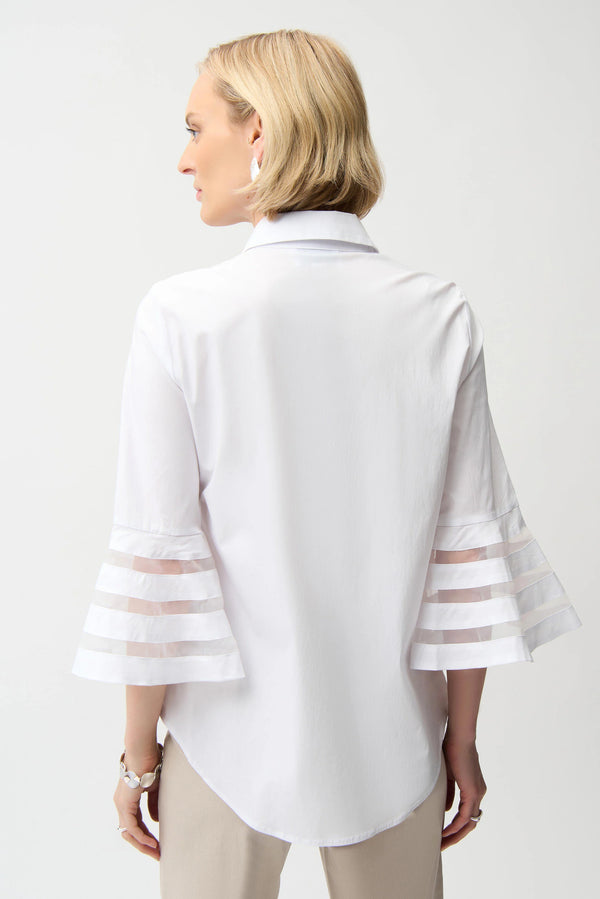 Joseph Ribkoff Stretch Poplin Straight Blouse with Organza Bell Sleeves 261933 White