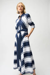 Joseph Ribkoff Cotton Stripe Print Fit and Flare Shirt Dress with Reversible Sash 261936 Navy/White