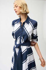 Joseph Ribkoff Cotton Stripe Print Fit and Flare Shirt Dress with Reversible Sash 261936 Navy/White