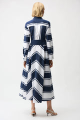 Joseph Ribkoff Cotton Stripe Print Fit and Flare Shirt Dress with Reversible Sash 261936 Navy/White