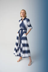 Joseph Ribkoff Cotton Stripe Print Fit and Flare Shirt Dress with Reversible Sash 261936 Navy/White