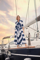 Joseph Ribkoff Cotton Stripe Print Fit and Flare Shirt Dress with Reversible Sash 261936 Navy/White