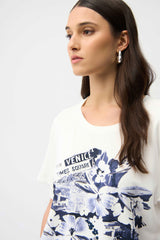 Joseph Ribkoff Front Print Straight T-Shirt with Rhinestones 261967 Vanilla/Blue