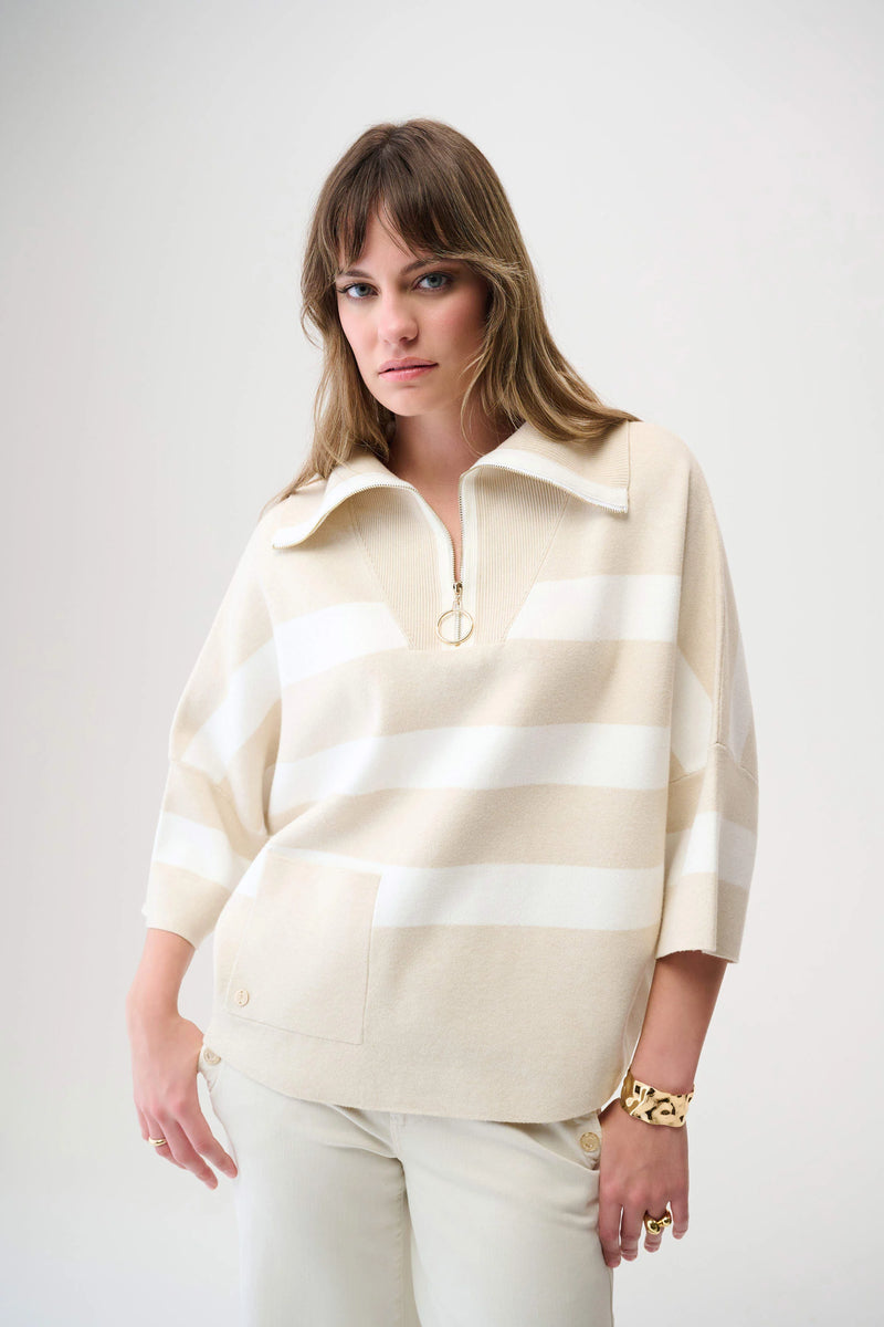 Joseph Ribkoff Brushed Viscose Stripe Print Boxy Sweater with Zipped Collar 261983 Birch Melange/Winter White
