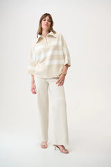Joseph Ribkoff Brushed Viscose Stripe Print Boxy Sweater with Zipped Collar 261983 Birch Melange/Winter White
