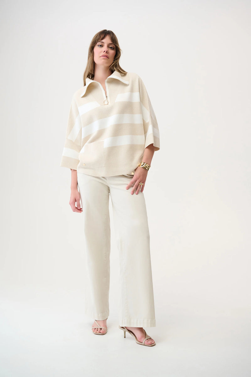 Joseph Ribkoff Brushed Viscose Stripe Print Boxy Sweater with Zipped Collar 261983 Birch Melange/Winter White
