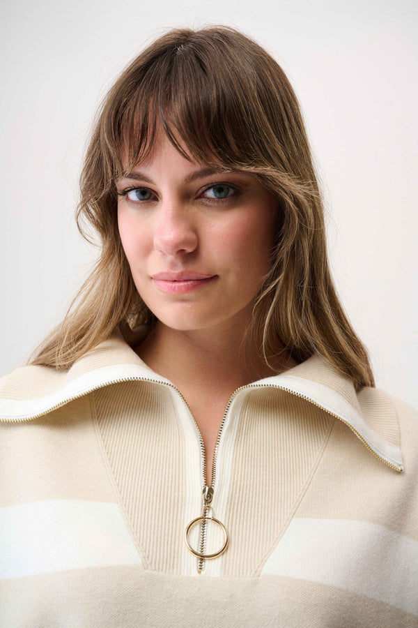 Joseph Ribkoff Brushed Viscose Stripe Print Boxy Sweater with Zipped Collar 261983 Birch Melange/Winter White