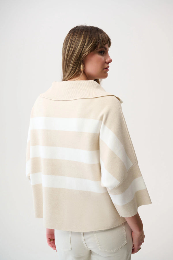Joseph Ribkoff Brushed Viscose Stripe Print Boxy Sweater with Zipped Collar 261983 Birch Melange/Winter White