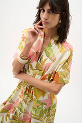 Joseph Ribkoff Recycled Woven Tropical Print Fit and Flare Dress 262177 Beige/Multi