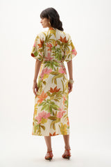 Joseph Ribkoff Recycled Woven Tropical Print Fit and Flare Dress 262177 Beige/Multi