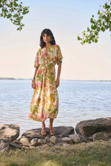 Joseph Ribkoff Recycled Woven Tropical Print Fit and Flare Dress 262177 Beige/Multi