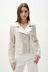 Joseph Ribkoff  Faux Suede Foiled Knit Moto Jacket 262902 Champagne/Silver