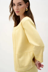 Joseph Ribkoff  Foiled Scuba Suede Boxy Jacket with Stud Details  262905 Mellow Yellow