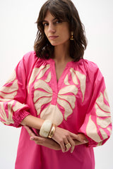 Joseph Ribkoff  Stretch Cotton Floral Embroidered Straight Dress 262911 Pink Sherbet/Canvas