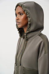 Joseph Ribkoff Scuba Jersey and Satin Hooded Boxy Jacket