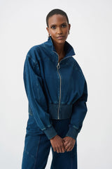 Joseph Ribkoff Knit Denim Funnel-Neck Bomber Jacket