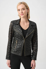 Joseph Ribkoff Foiled Faux Suede and Mesh Moto Jacket 263910 Black