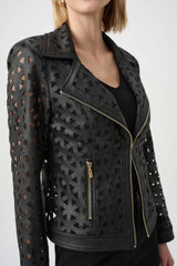 Joseph Ribkoff Foiled Faux Suede and Mesh Moto Jacket 263910 Black