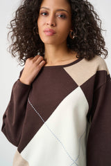 Joseph Ribkoff Brushed Viscose Knit Argyle Pattern Crewneck Sweater