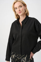 Joseph Ribkoff Featherweave Denim Cropped Blouse with Rhinestone Detail