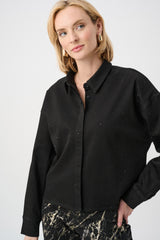 Joseph Ribkoff Featherweave Denim Cropped Blouse with Rhinestone Detail