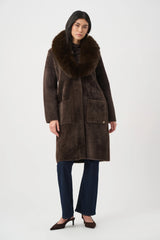 Joseph Ribkoff Feather Yarn Knit Coat with Detachable Faux Fur Collar